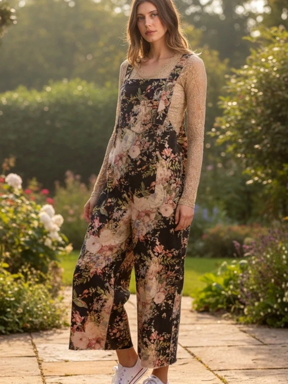Blue Velvet Floral Print Women Jeans Overalls - Black Floral